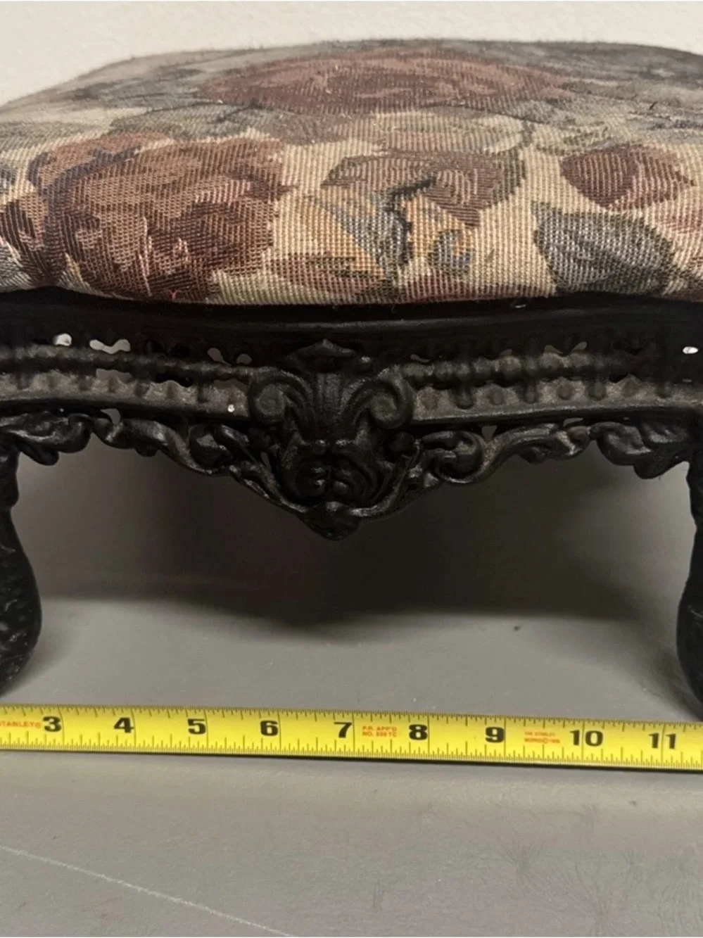 Vintage Cast Iron Footstool With Floral Print Upholstery Ornate Claw Leg 13x13
